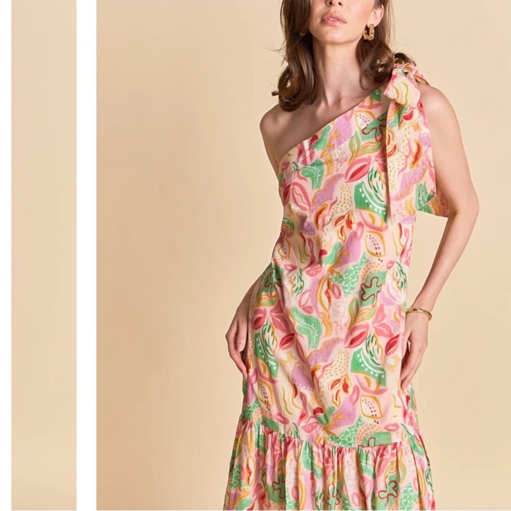 Tuckernuck Hyacinth House Midi Dress S Whimsical Floral One Shoulder Bow Preppy